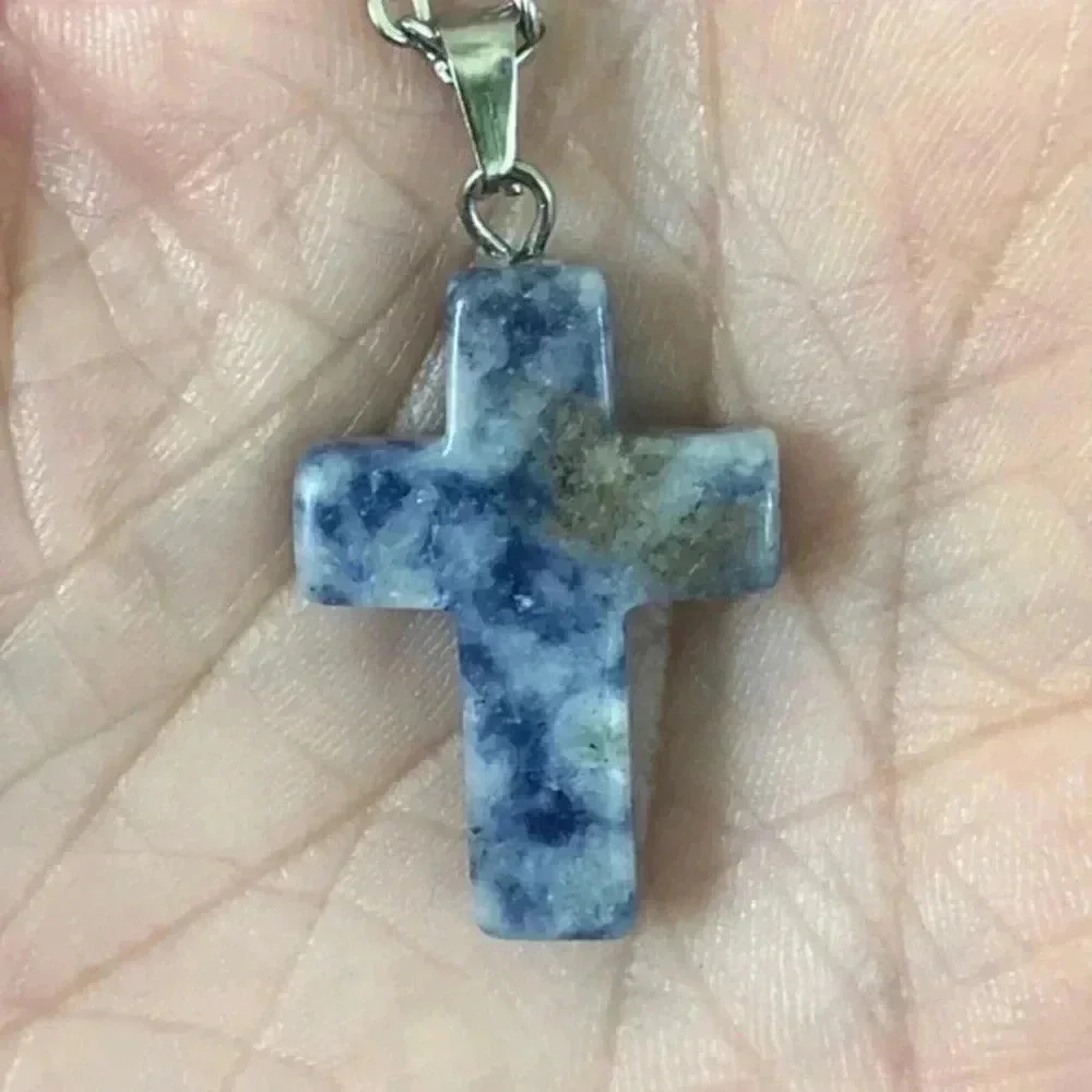 Sodalite Cross Natural Stainless Steel Necklace NWT
